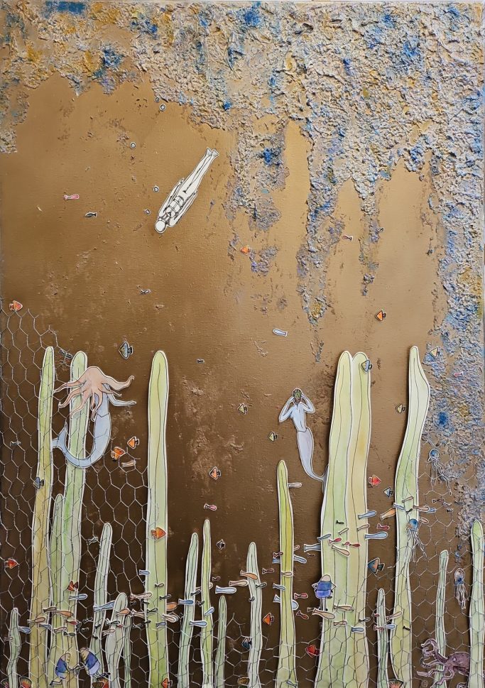 Un paysage aquatique avec des poissons et des plantes sous-marines dans lequel évoluent des plectors