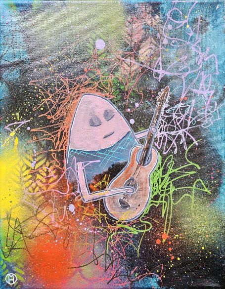 Plector jouant de la guitare sur fond coloré et déstructuré