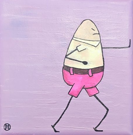 Un personnage cartoon en forme d'œuf, marchant avec un short rose sur fond violet.