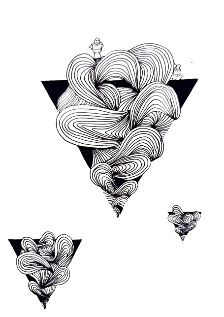 Illustration abstraite en noir et blanc avec des formes tourbillonnantes et des triangles sur lesquels des plectors contemplent le paysage