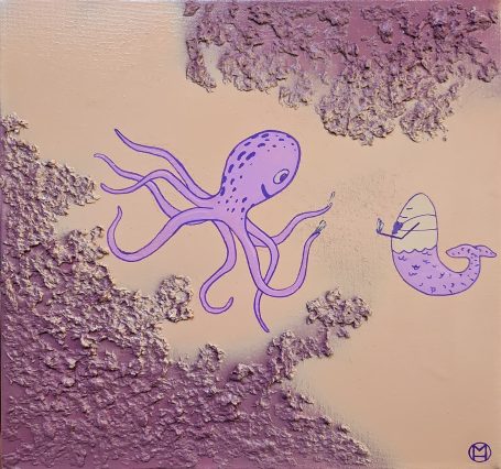 Un poulpe violet interagit avec une petite créature marine sur un fond coloré.