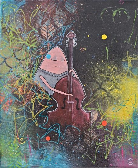 Plector jouant du violoncelle sur fond coloré et déstructuré