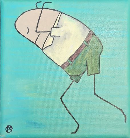 Un personnage cartoon en marchant, les bras croisés et un chapeau, sur fond bleu.